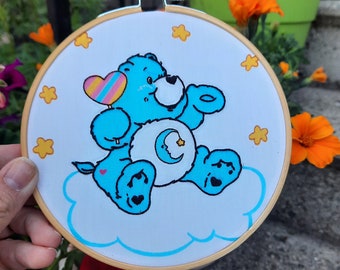 Care Bear Wall Art, Embroidered Tenderheart or Cheer Bear, Bedtime or Funshine Bear Embroidery, Vintage Care Bear Upcyled Fabric Hoop Art