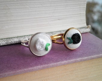 Embroidered Rose Ring: Boho Floral Fiber Art Jewelry