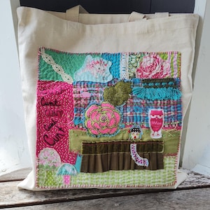One of a Kind Embroidered Tote Bag – Maximalist Textile Art with Vintage Fabric, Mushrooms, Flowers & Swears