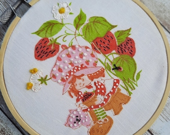 Vintage Strawberry Shortcake Embroidery Hoop Art Made To Order Upcycled Retro Strawberry Shortcake Wall Hanging  Cartoon Art Home Decor Gift