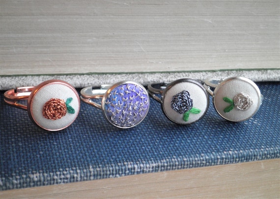 Embroidered Rose Ring: Metallic Fiber Art, Adjustable Boho Jewelry
