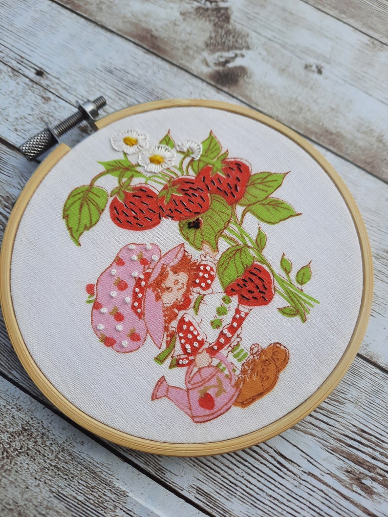 Vintage Strawberry Shortcake Embroidery Hoop Art Made To Order Upcycled Retro Strawberry Shortcake Wall Hanging Cartoon Art Home Decor Gift Watering can