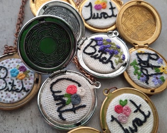 Embroidered Locket Necklace - Naughty Word Floral Embroidery Pendant Cunt Twat Bitch Flowers Cuss Subversive Swear Words Mature Jewelry