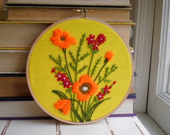 Embroidered Floral Hoop Art / Wall Art, Red & Orange Wildflowers Embroidery Textile / Fiber Flower Retro Hostess Housewarming Gift For Her