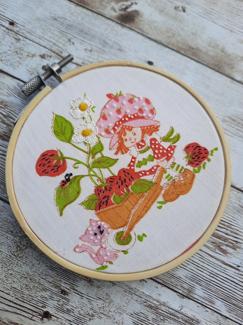 Vintage Strawberry Shortcake Embroidery Hoop Art Made To Order Upcycled Retro Strawberry Shortcake Wall Hanging Cartoon Art Home Decor Gift Wheelbarrow