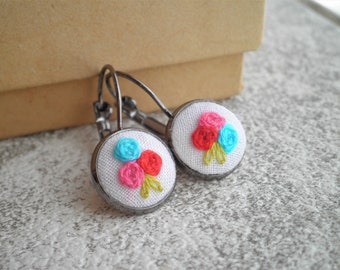 Embroidered Rose Earrings - Floral Embroidery Dangle Earrings - Hand Stitched Tiny Flowers - Rosette Trio Drop Earrings Jewelry Gift For Her