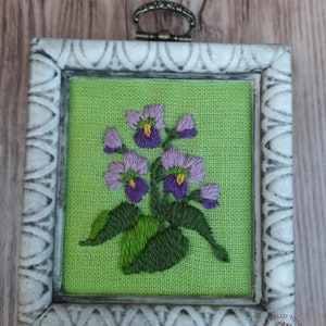 Vintage Floral Crewel Embroidery Tiny Violet Embroidered Wall Art Retro Embroidered Crewel Work Framed Crewel Gardeners Gift image 3