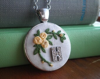 Letter H Initial Necklace -Yellow Rose Embroidery Necklace - Floral Rosette Necklace - Initial Necklace - Personalized Gift For Her