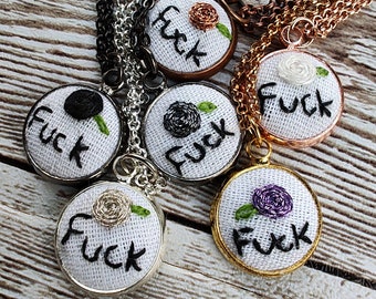 Embroidered Charm Necklace - Naughty Word Floral Embroidery Pendant - Fuck Boho Flowers Cuss Word Subversive Swear Words Mature Jewelry Gift