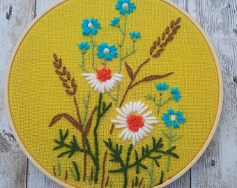 Vintage Crewel Wildflower Garden Floral Embroidered Hoop Wall Art, Hand Stitched Flower Embroidery Fiber Art Maximalist Gardeners Gift