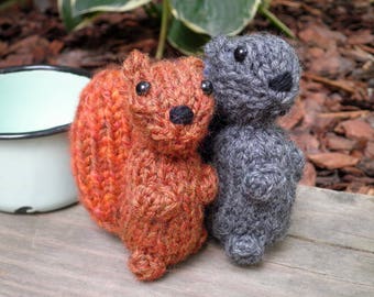 Hand Knit Squirrel - Plush Wool Yarn Woodland Squirrels - Cute Forest Animal Holiday, Housewarming, Birthday, or Kids Stuffed Knitting Gift