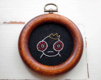 Crazy Eyes Original Hand Stitched Hoop Modern Embroidery Mini Hoop Art Whimsical Embroidery Embroidered Red Eyed Distressed Dude 420 Gift