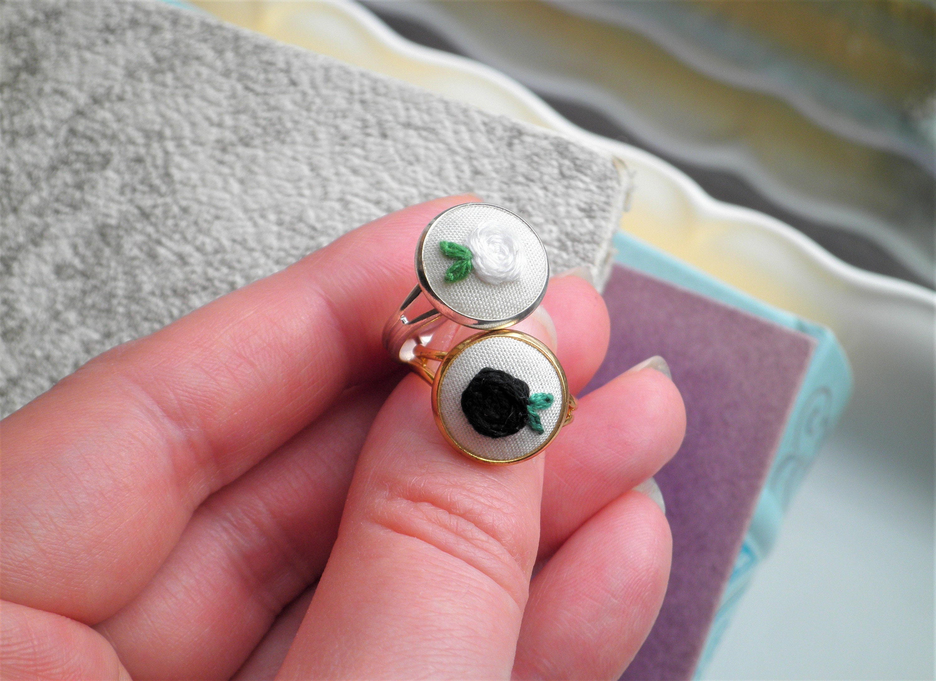 Embroidered Rose Ring Floral Embroidery Ring Everyday Etsy