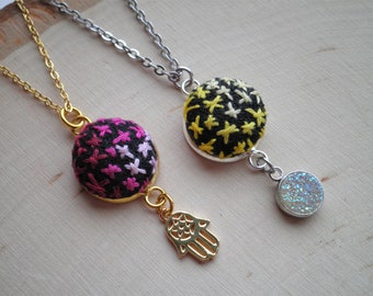 Embroidered Stars Charm Necklace - Cosmic Embroidery Outer Space Necklaces - Boho Night Sky Ombre in Pink or Yellow - Celestial Jewelry Gift