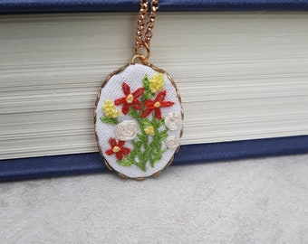 Embroidered Fall Flower Garden Necklace - Wildflower Embroidery Necklace - Floral Gift For Her