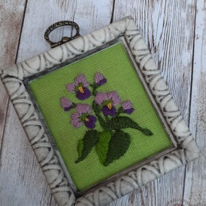 Vintage Floral Crewel Embroidery Tiny Violet Embroidered Wall Art Retro Embroidered Crewel Work Framed Crewel Gardeners Gift image 1