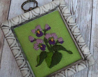 Vintage Floral Crewel Embroidery - Tiny Violet Embroidered Wall Art - Retro Embroidered Crewel Work -  Framed Crewel Gardeners Gift