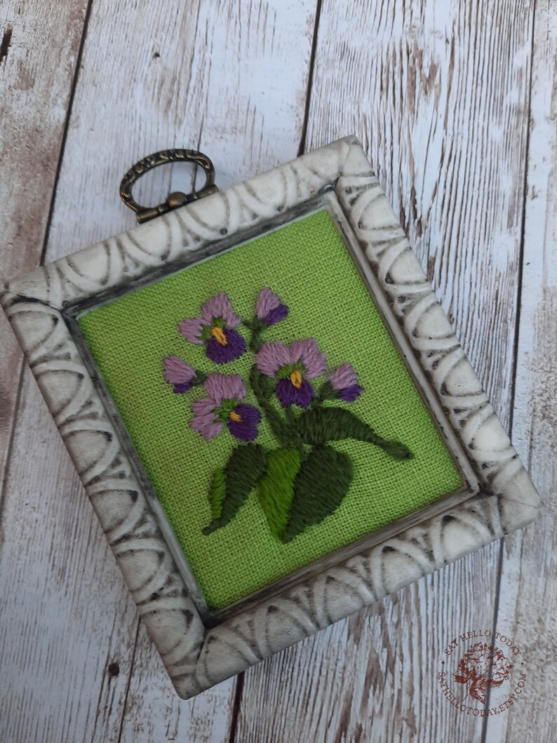 Vintage Floral Crewel Embroidery Tiny Violet Embroidered Wall Art Retro Embroidered Crewel Work Framed Crewel Gardeners Gift image 1