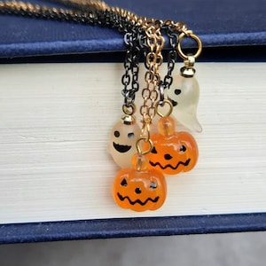 Tiny Ghost Necklace, Tiny Pumpkin Charm, Halloween Jewelry, Spooky Cute, Jack-o-Lantern Necklace, Halloween Ghost or Pumpkin Necklace