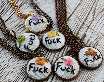 Embroidered Tiny Fuck Charm Necklace - Naughty Word Embroidery Pendant - Boho Flowers Cuss Word Subversive Swear Words Mature Jewelry Gift