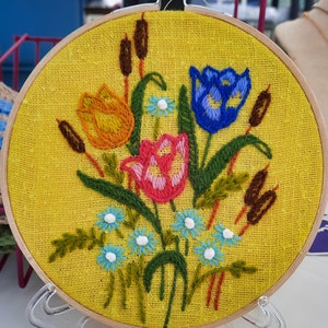 Crewel Embroidery Spring Flower Hoop Art / Wall Art - Vintage Hand Stitched Tulip Flower Embroidery Retro 70s Housewarming Gift