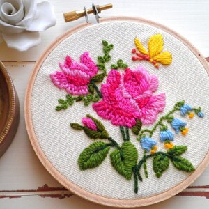 Embroidered Rose Floral Hoop Wall Art - Vintage Crewel Hand Stitched Pink Roses & Yellow Butterfly Embroidery Textile / Fiber Arts Mom Gift