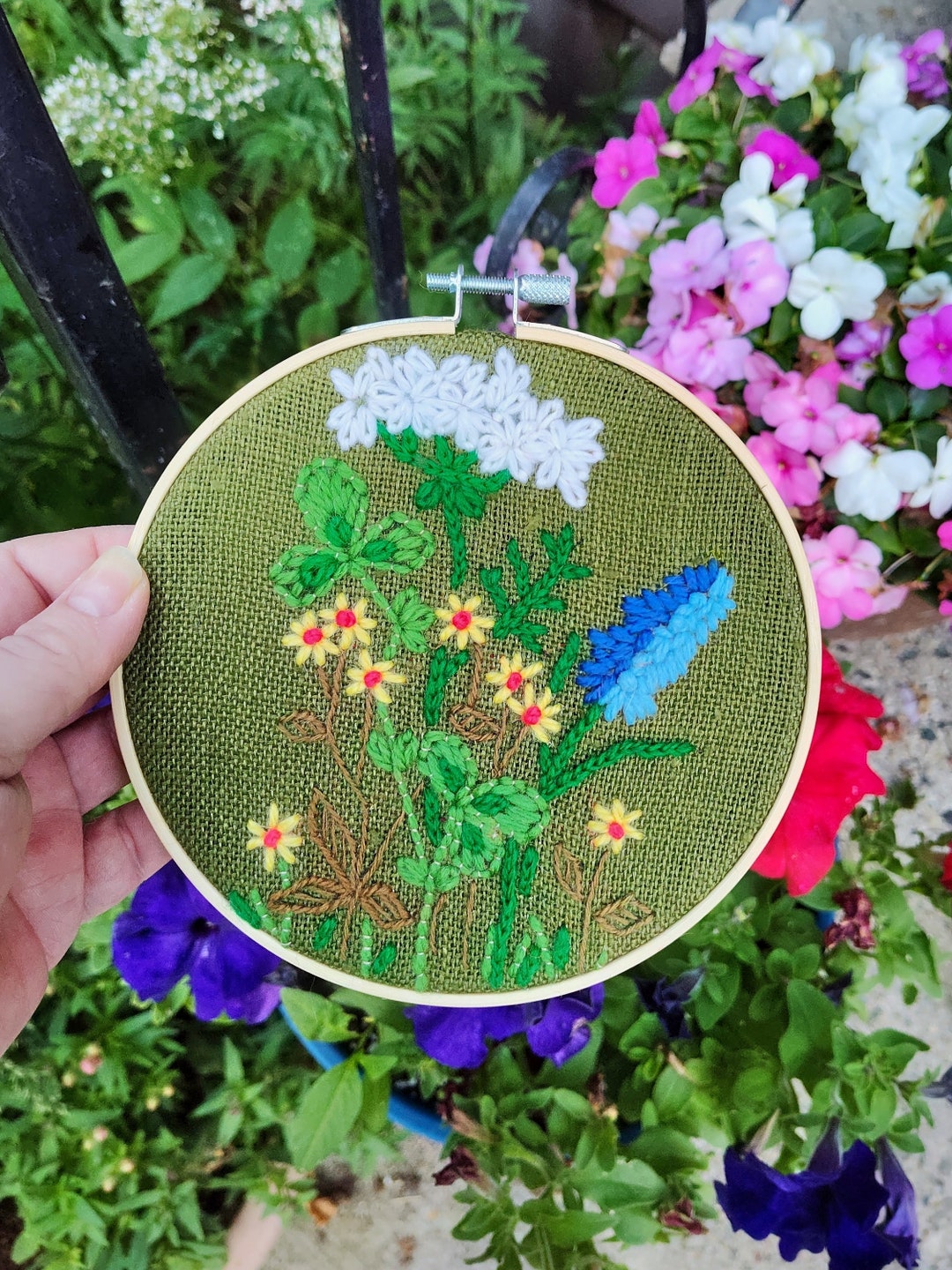 Embroidered Wildflowers - 1970s Floral Hoop Wall Art - Vintage Crewel ...
