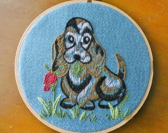 Vintage Hound Dog Crewel Embroidery Hoop Art: 1970s Decor