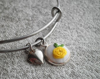 Embroidered Rose Charm Bracelet - Yellow Flower Bangle Bracelet, Silver Heart Charm Floral Bracelet, Adjustable Bangle Bracelet Jewelry Gift