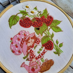 Vintage Strawberry Shortcake Embroidery Hoop Art Made To Order Upcycled Retro Strawberry Shortcake Wall Hanging Cartoon Art Home Decor Gift image 4