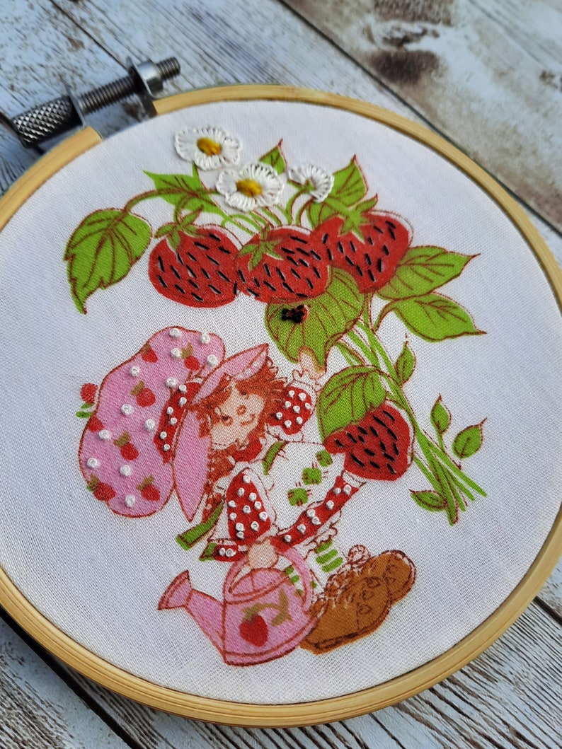 Vintage Strawberry Shortcake Embroidery Hoop Art Made To Order Upcycled Retro Strawberry Shortcake Wall Hanging Cartoon Art Home Decor Gift image 4
