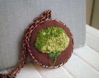 Embroidered Necklace. Floral Necklace. Embroidery Pendant. Flower Necklace. Chartreuse Green Hydrangea Jewelry. Nature Gift For Her..