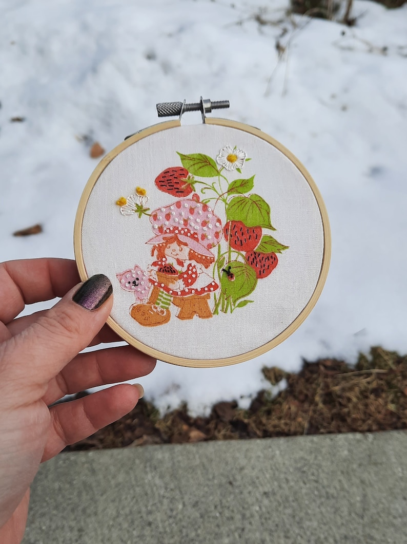 Vintage Strawberry Shortcake Embroidery Hoop Art Made To Order Upcycled Retro Strawberry Shortcake Wall Hanging Cartoon Art Home Decor Gift image 7