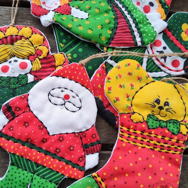 Vintage Quilted Christmas Ornaments - Spring Mills Fabric Panel Ornaments - Handmade - 1970's - Patchwork - Christmas Tree Ornaments