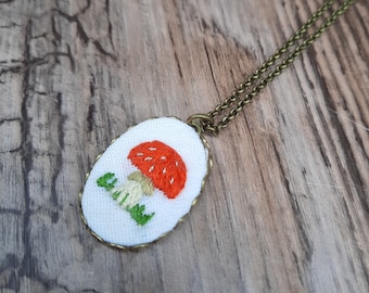 Embroidered Amanita Muscaria Necklace - Red Mushroom Necklace