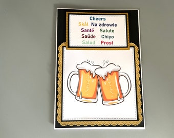 Birthday card for male, mens card, multi lingual Cheers card for beer lovers, friends and family