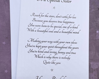 Card for sister, special sister’s birthday, sincere card for grown up sister, can be personalised, optional keepsake card