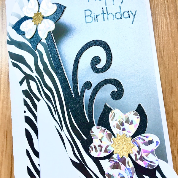 Shoe lovers birthday card, zebra print card for fans of killer heels, fashionista card, animal print stiletto card