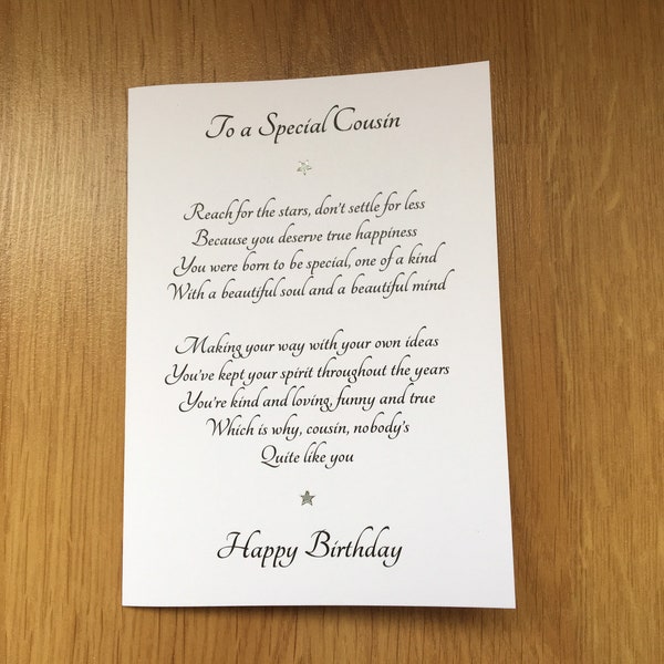 Card for special cousin’s birthday, birthday card from cousin card for grown up cousin, can be personalised, optional keepsake card