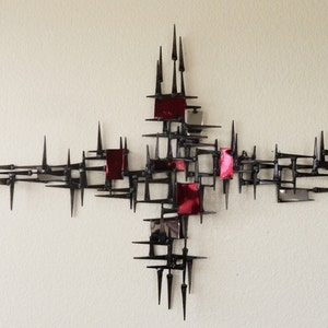 Bell Toll Mid Century Modern Brutalist metal wall sculpture signed by Corey Ellis Large Red nails handmade crafted in the USA