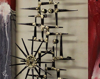 Mid Century Metal Wall Sculpture, Brazed Nail Art by Corey Ellis
