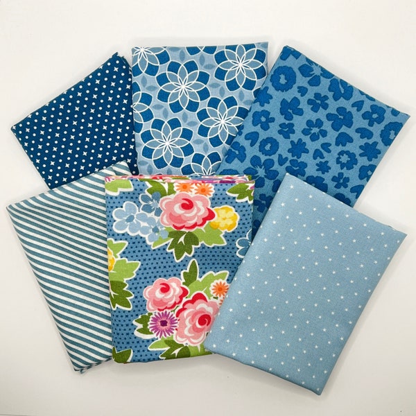 Moda "Zinnia" by April Rosenthal  ~ 6 Fat Quarter Bundle ~ Blues ~ Beautiful Bright Florals