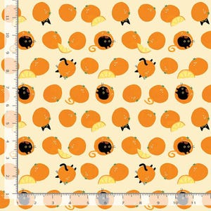 May include: A repeating pattern of oranges, lemon slices, and black cats on a light yellow background. The oranges are a vibrant orange color, and the cats have black fur and yellow eyes. The lemon slices are yellow.