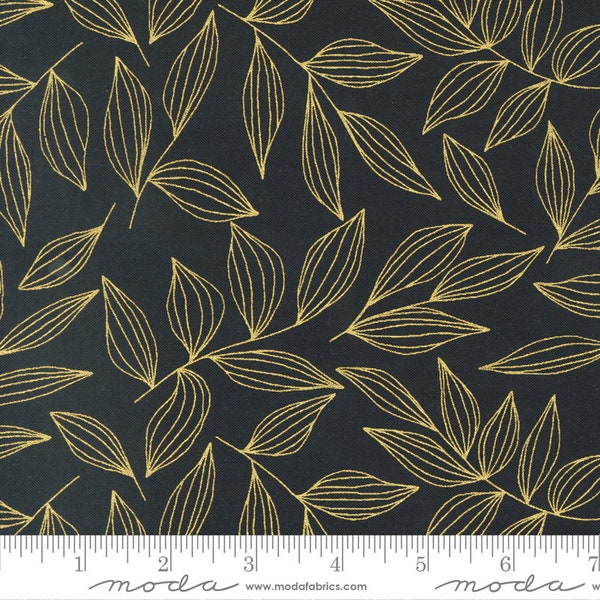 Moda "Gilded" Metallic by Alli K Designs ~ 11532 16M Ink Gold - Gold Leaves ~ Floral ~  By The Continuous Half Yard