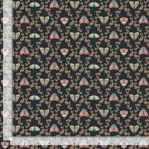 May include: Dark navy fabric with a repeating pattern of colorful moths and pink flowers. The moths have pink, teal, and cream-colored wings. The flowers are small and clustered along green vines.