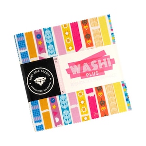 May include: A stack of colorful fabric squares with a variety of patterns, including stripes, floral designs, and geometric shapes. The package is labeled "Washi Plus" and "Ruby Star Society". Each square is 5 inches.
