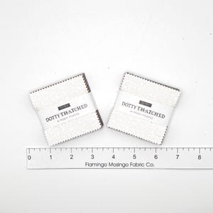 May include: Two stacks of square fabric swatches with pinked edges, wrapped in white paper bands labeled DOTTY THATCHED by ROBIN PICKENS. A ruler positioned below shows the squares measure approximately 2.5 inches wide and 2.5 inches tall.