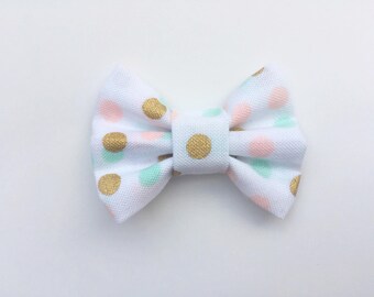 MINI Teal and Peach Polka Dot Bow, baby headbands, hair bows, mini bows, baby hair clips, white bows, baby girl