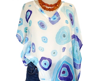 Evil Eyes, Greek Eye, Kaftan, Caftan, Tunic, Poncho, Blouse, Τurquoise-Blue imprimé indélébile