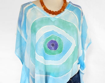 Evil Eye, Greek Eye, Big Evil Eye, Kaftan, Caftan, Tunic, Poncho, Blouse, Τurquoise-Blue imprimé indélébile